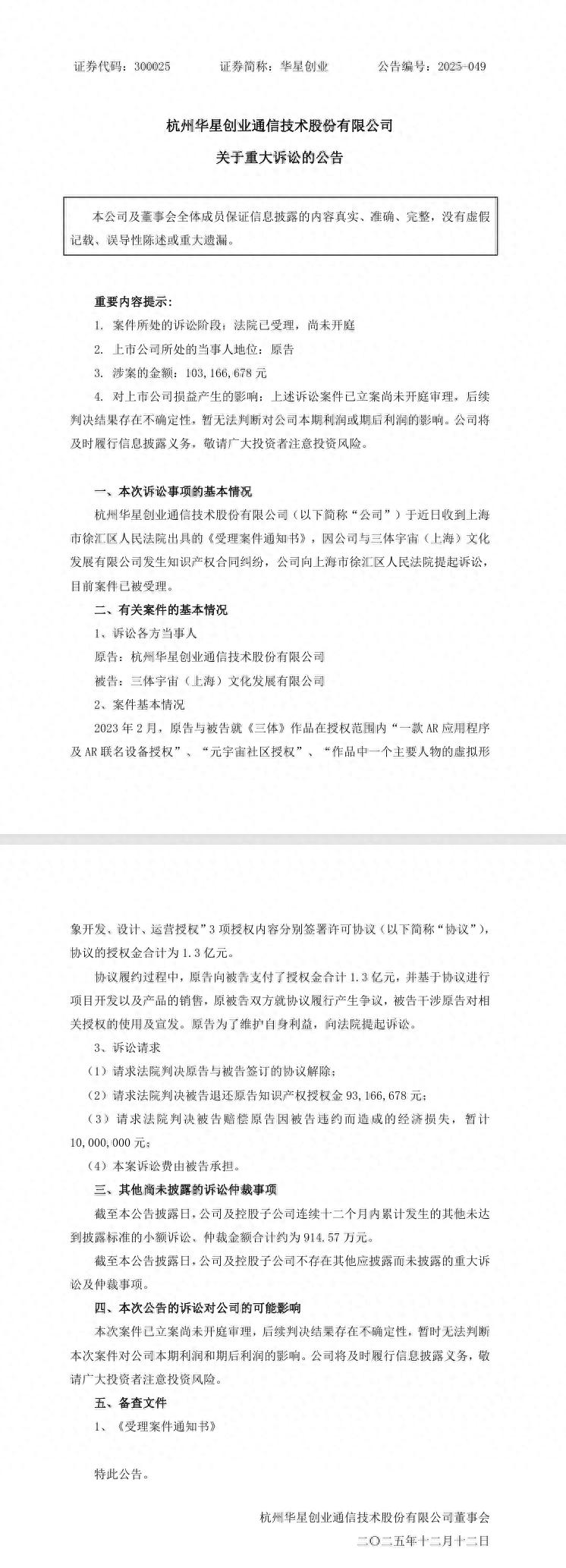 _涉案1.03亿元，华星创业因知识产权合同纠纷起诉三体宇宙_涉案1.03亿元，华星创业因知识产权合同纠纷起诉三体宇宙